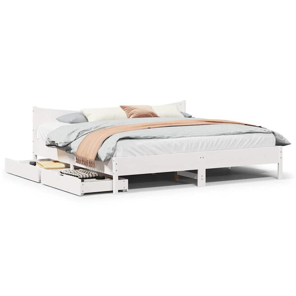 vidaXL Bed Frame with Drawers White 180x200 cm Super King Solid Wood Pine