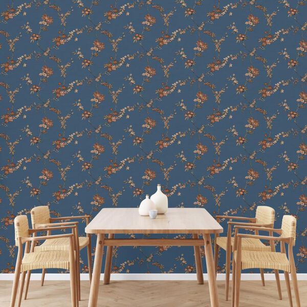DUTCH WALLCOVERINGS Wallpaper Flower Dark Blue and Bronze