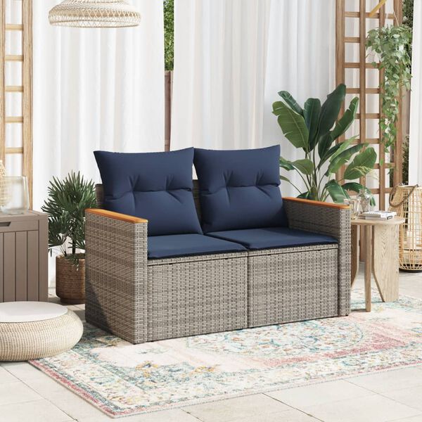 vidaXL Garden Sofa with Cushions 2-Seater Grey Poly Rattan