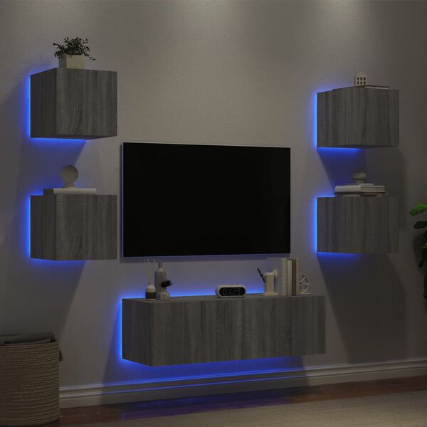 vidaXL 5 Piece TV Wall Cabinets with LED Lights Grey Sonoma