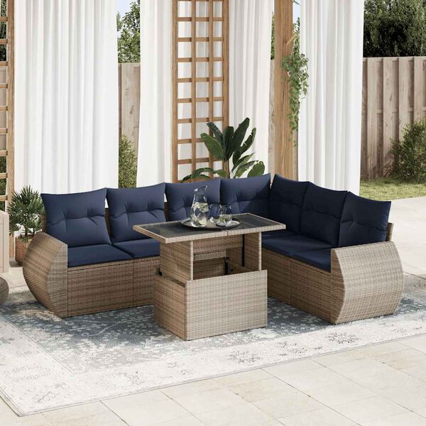 vidaXL 7 Piece Garden Sofa Set with Cushions Grey Poly Rattan Acacia