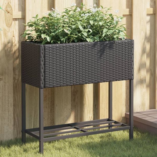 vidaXL Garden Planters with Shelf 2 pcs Black 70x28x70 cm Poly Rattan