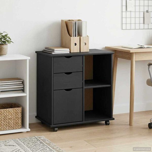 vidaXL Rolling Cabinet Black 63.5 x 39 x 65.5 cm Solid Pine Wood
