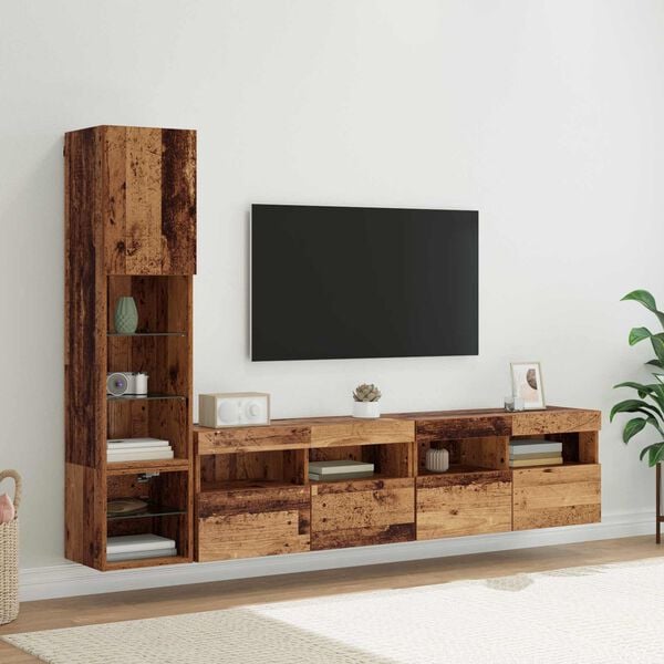 vidaXL TV Wall Unit with LED 4 pcs Old Wood Engineered Wood
