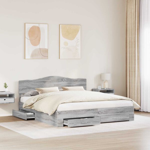 vidaXL Bed Frame with Drawer Grey Sonoma 200 x 200 cm Engineered Wood