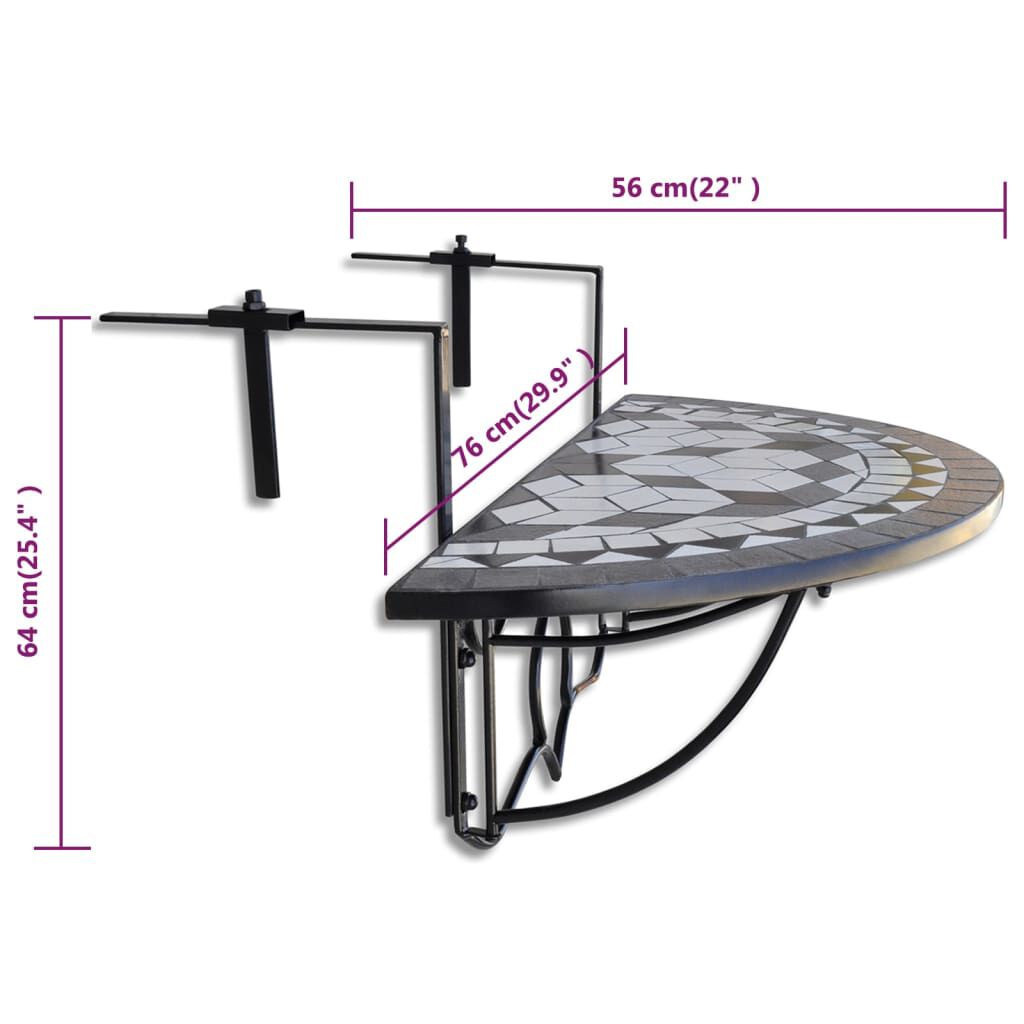 vidaXL Hanging Balcony Table Black and White Mosaic vidaXL
