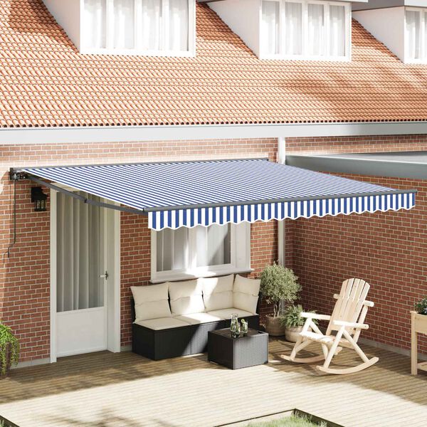 vidaXL Retractable Awning Manual Blue and White 400 x 300 cm