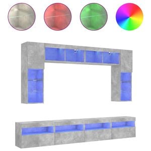 vidaXL 8 Piece TV Wall Cabinet Set with LED Lights Concrete Grey
