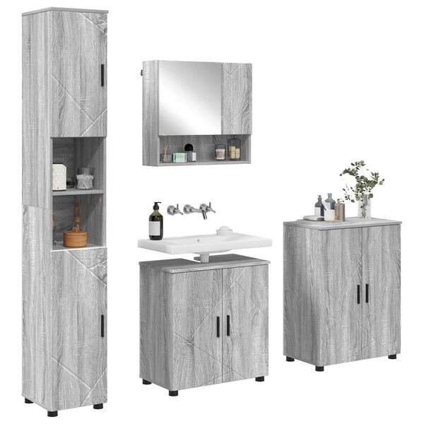 vidaXL Bathroom Furniture Set Wall-mounted with Door 4 pcs Grey Sonoma