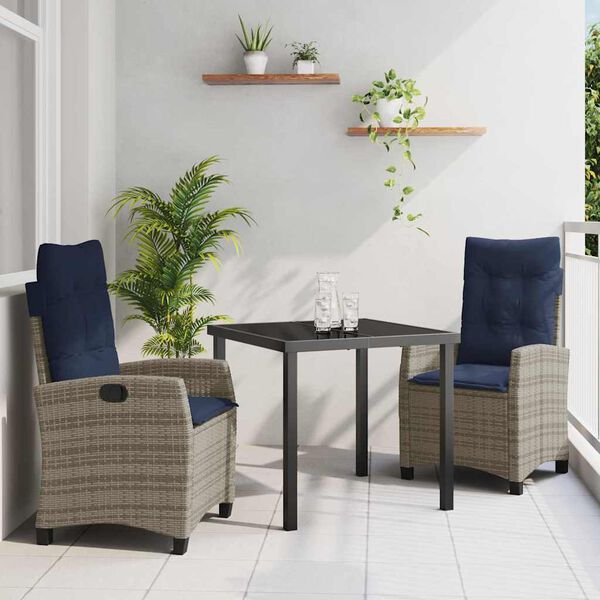 vidaXL Garden Dining Set with Cushion 3 pcs Grey Poly Rattan
