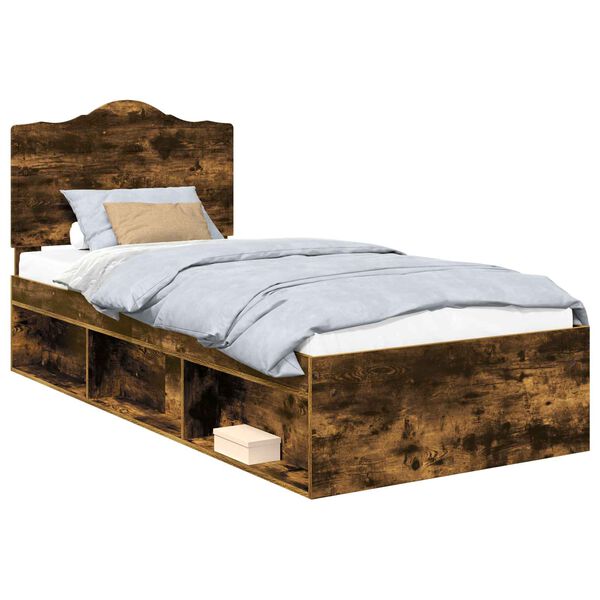 vidaXL Bed Frame with Headboard Smoked Oak 90 x 200 cm Solid Pine Wood