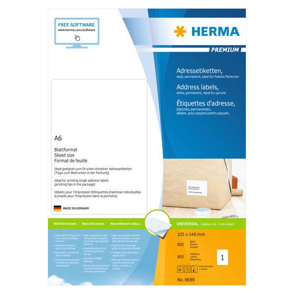 HERMA Permanent Address Labels A6 105x148 mm 800 Sheets White