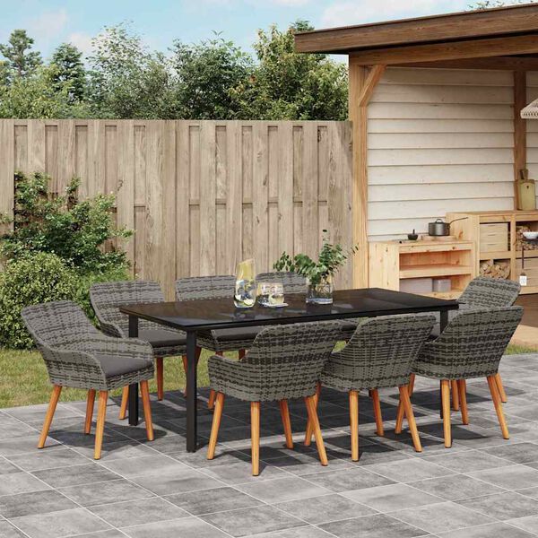 vidaXL Garden Dining Set with Cushion 9 pcs Grey Poly Rattan