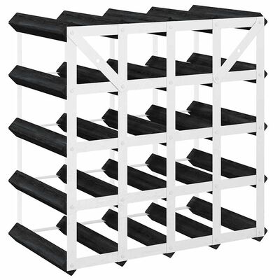 White metal frame wine rack with multiple rows of black angled shelves.