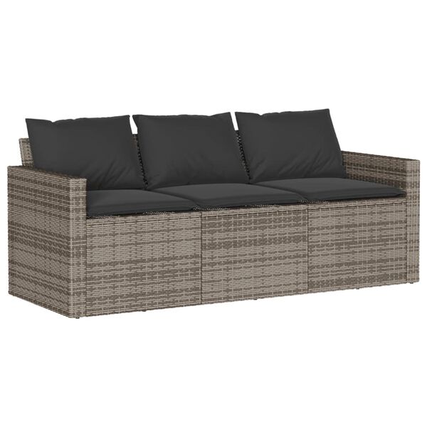 vidaXL Garden Sofa with Cushions 3-Seater Grey Poly Rattan