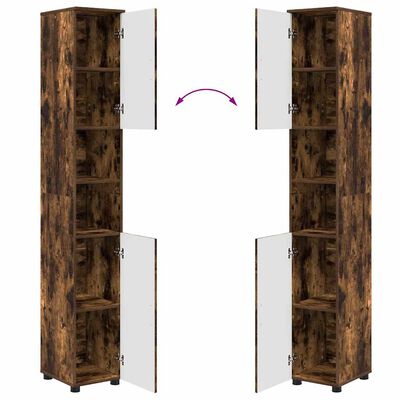 Pair of tall rustic brown cabinets with white doors opened, showing multiple shelves