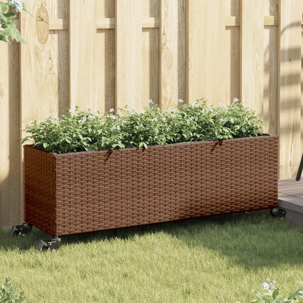 vidaXL Garden Planters with Wheels 2 pcs Brown 107x32x38 cm Poly Rattan