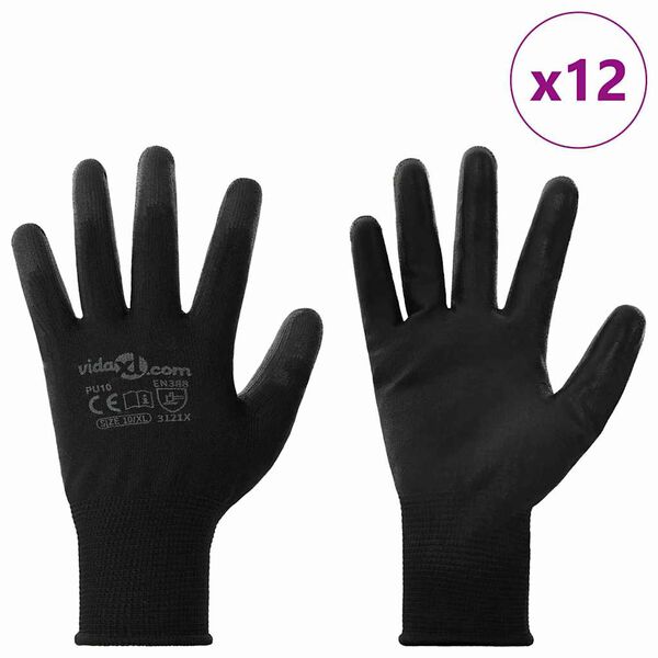 vidaXL Work Gloves 12 pcs Black 10 / XL Polyester