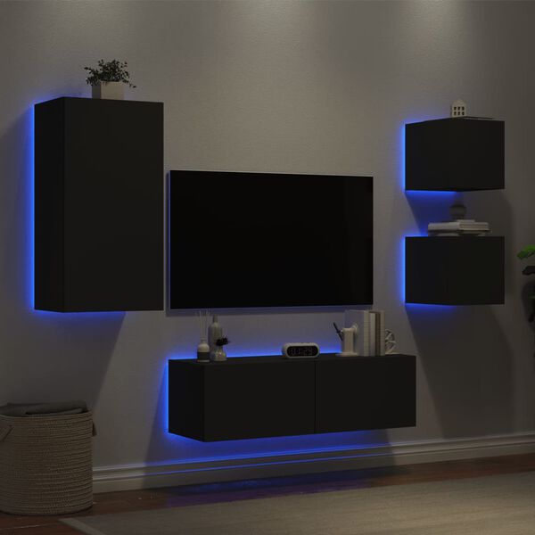 vidaXL 4 Piece TV Wall Cabinets with LED Lights Black