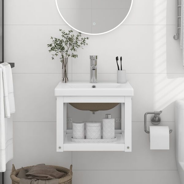 vidaXL Bathroom Washbasin Frame with Built-in Basin White Iron