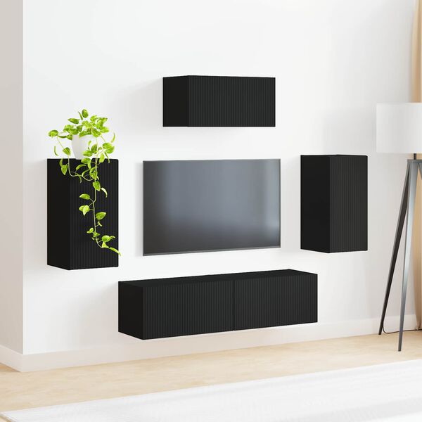 vidaXL TV Cabinet Set Wall-mounted 5 pcs Black Engineered Wood