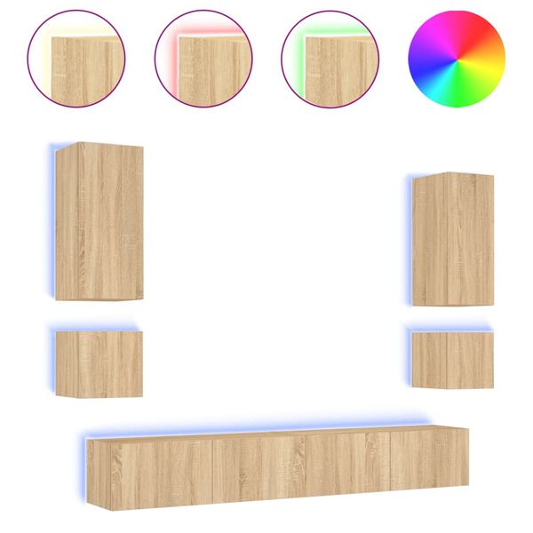 vidaXL 6 Piece TV Wall Cabinets with LED Lights Sonoma Oak
