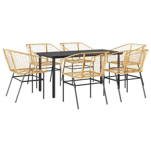 vidaXL 7 Piece Garden Dining Set Brown Poly Rattan Glass
