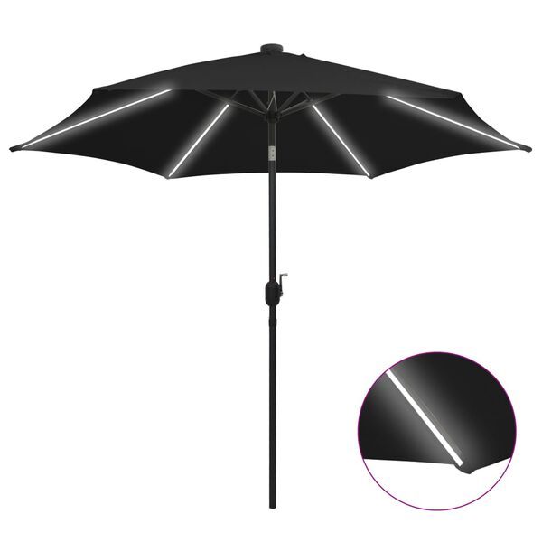 vidaXL Garden Parasol with LED Lights and Aluminium Pole 300 cm Black