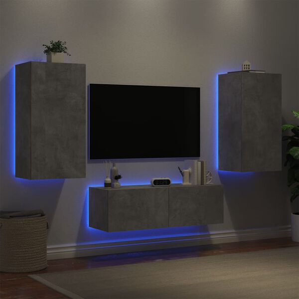 vidaXL 3 Piece TV Wall Cabinets with LED Lights Concrete Grey
