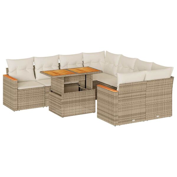 vidaXL 9 Piece Garden Sofa Set with Cushions Beige Poly Rattan Acacia