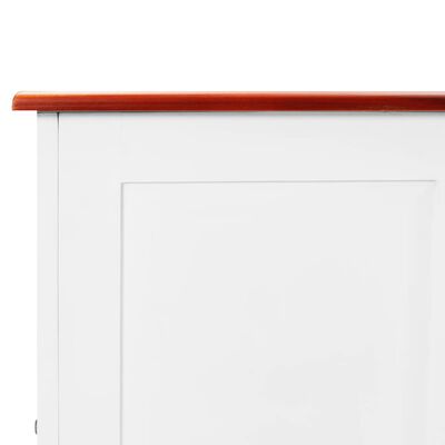 Partial close-up of upper edge and panel, showing white finish and orange top.