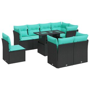 vidaXL 9 Piece Garden Sofa Set with Cushions Black Poly Rattan Acacia