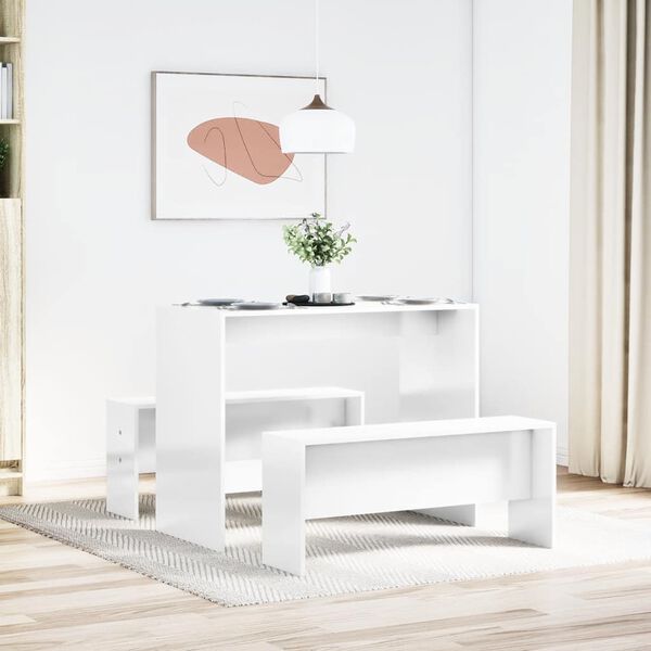 vidaXL 3 Piece Dining Table and Bench set High Gloss White Engineered Wood