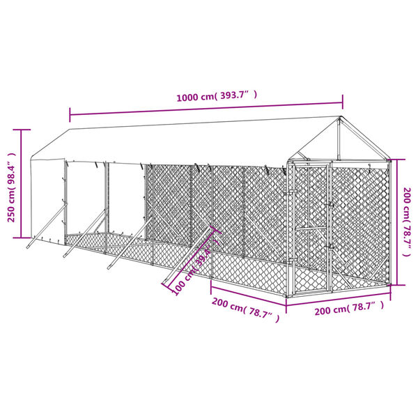vidaXL Outdoor Dog Kennel with Roof Silver 2x10x2.5 m Galvanised Steel