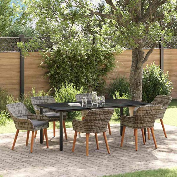 vidaXL Garden Dining Set with Cushion 7 pcs Grey Poly Rattan