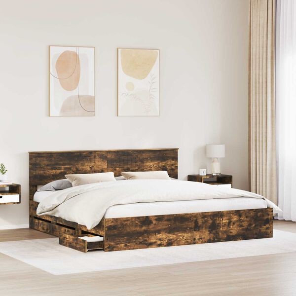 vidaXL Bed Frame with Drawer Smoked Oak 200 x 200 cm Engineer Wood