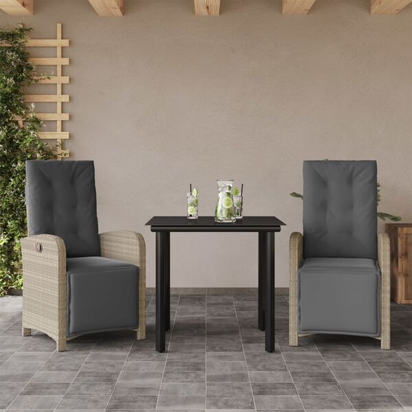 vidaXL 3 Piece Bistro Set with Cushions Light Grey Poly Rattan
