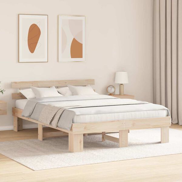 vidaXL Bed Frame with Headboard Natural 150 x 200 cm Solid Pine Wood