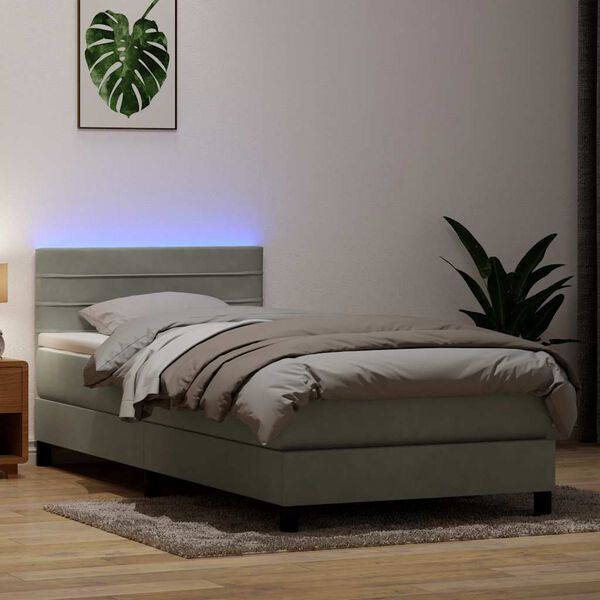vidaXL Box Spring Bed with Mattress&LED Light Grey 80x210 cm Velvet