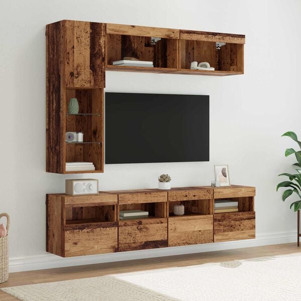 vidaXL TV Cabinet with LED Wall-mounted 7 pcs Old Wood Engineered Wood