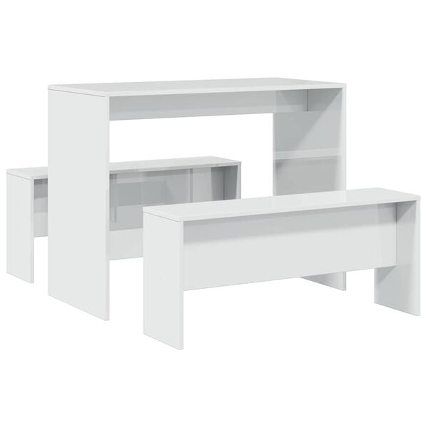 vidaXL 3 Piece Dining Table and Bench set High Gloss White Engineered Wood