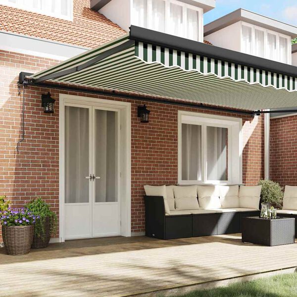vidaXL Retractable Awning Green and white 500 x 300 cm Fabric, Metal