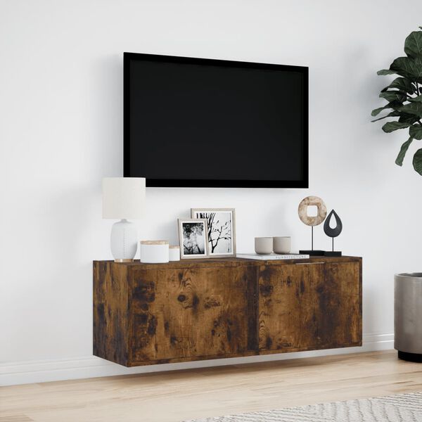 vidaXL TV Wall Cabinet with LED Lights Smoked Oak 100x31x35 cm