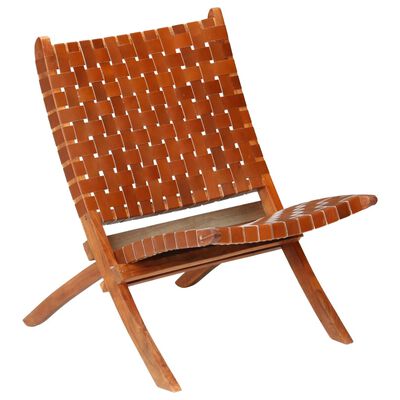 vidaXL Folding Chair Crossed-Stripe Brown Real Leather