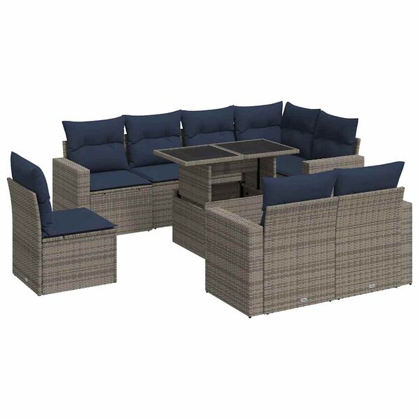 vidaXL 9 Piece Garden Sofa Set with Cushions Grey Poly Rattan Acacia