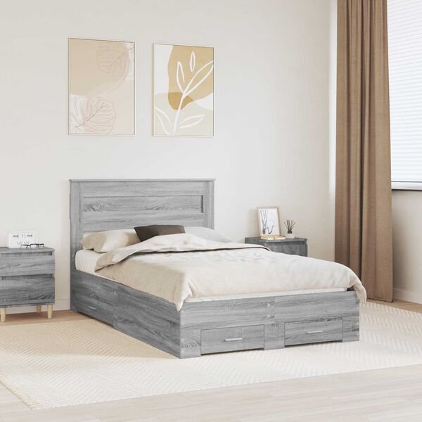 vidaXL Bed Frame with Drawer Grey Sonoma 135 x 190 cm Engineered Wood