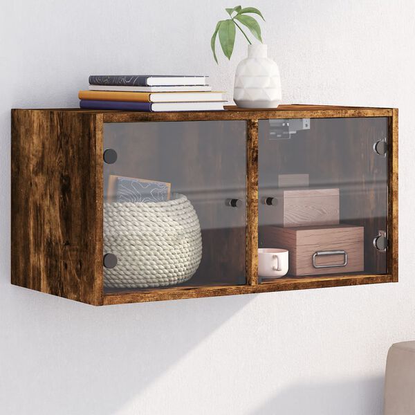 vidaXL Wall Cabinet with Glass Doors Smoked Oak 68.5x37x35 cm