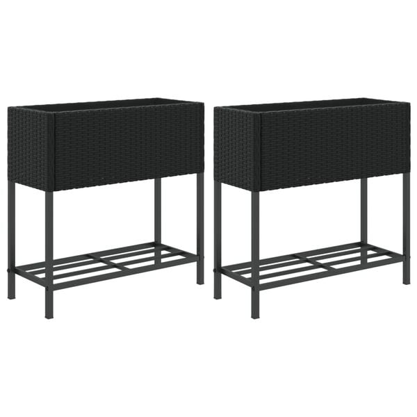 vidaXL Garden Planters with Shelf 2 pcs Black 70x28x70 cm Poly Rattan
