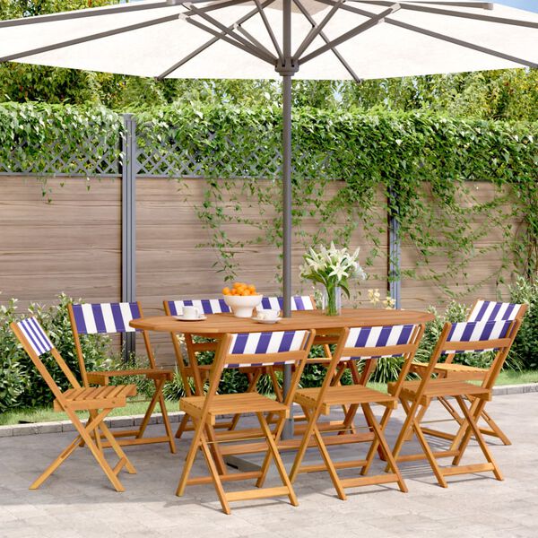 vidaXL Folding Garden Chairs 8 pcs Blue and White Fabric and Solid Wood