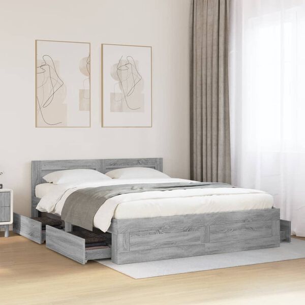 vidaXL Bed Frame with Headboard without Mattress Grey Sonoma 150x200 cm King Size